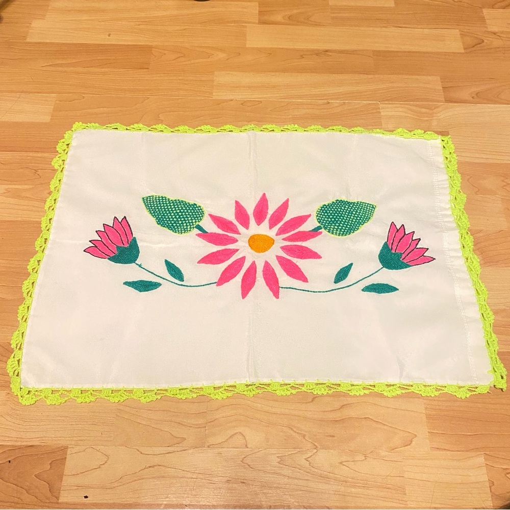 Retro Handmade Floral Embroidered Pillowcase with Neon Trim